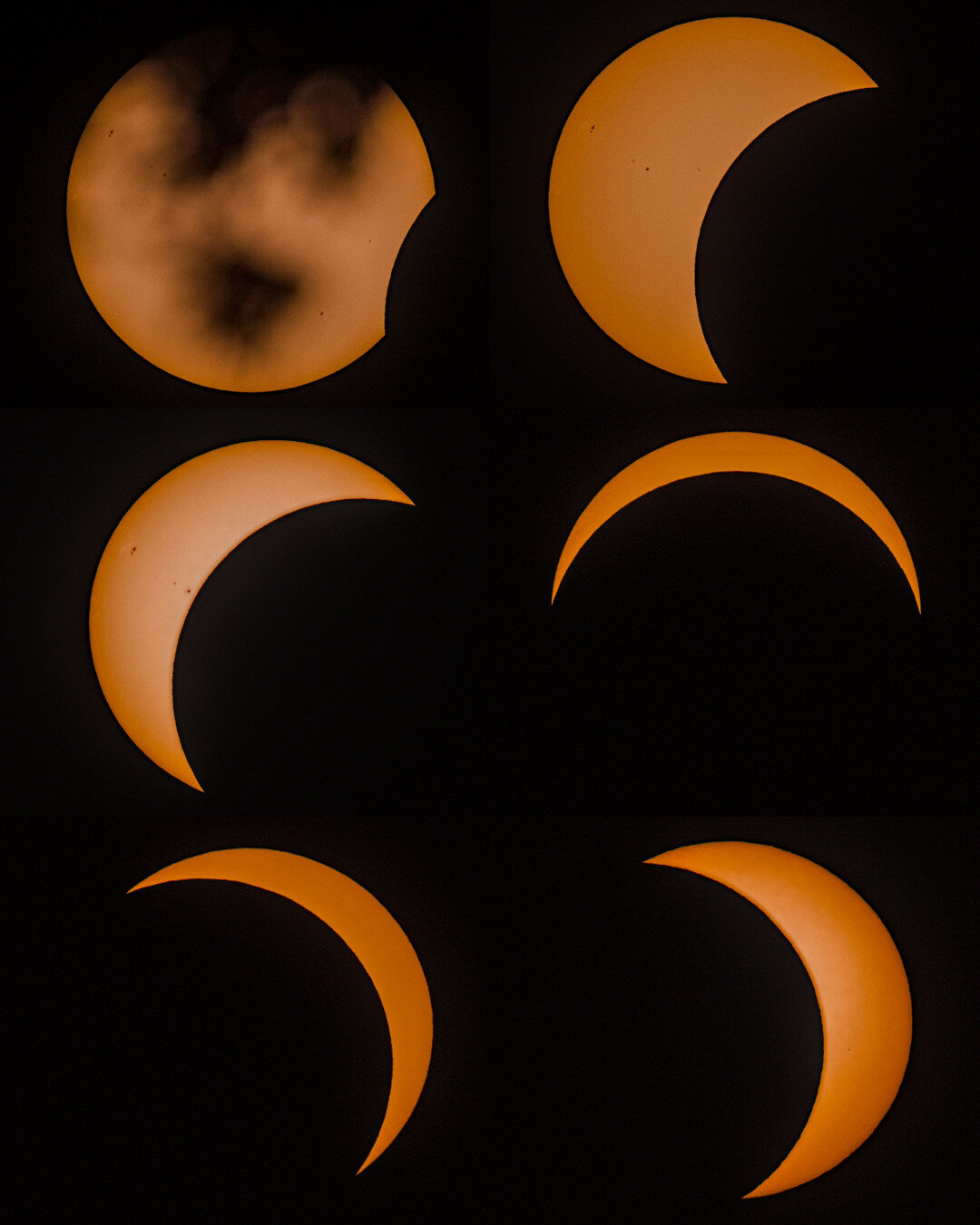 A composite image of six different stages of a partial eclipse, where around 90 percent of the sun was hidden behind the moon.